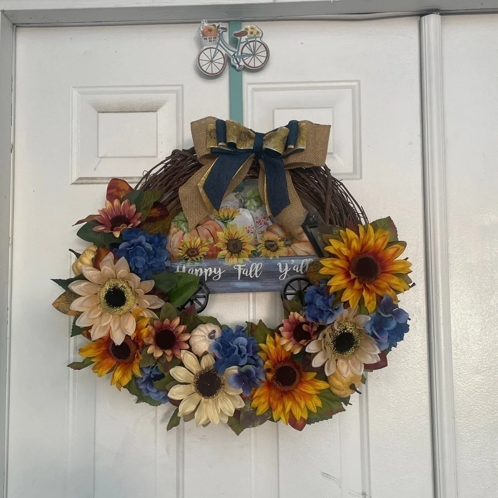 Handmade fall sunflower wreath sign says happy fall y’all 24”